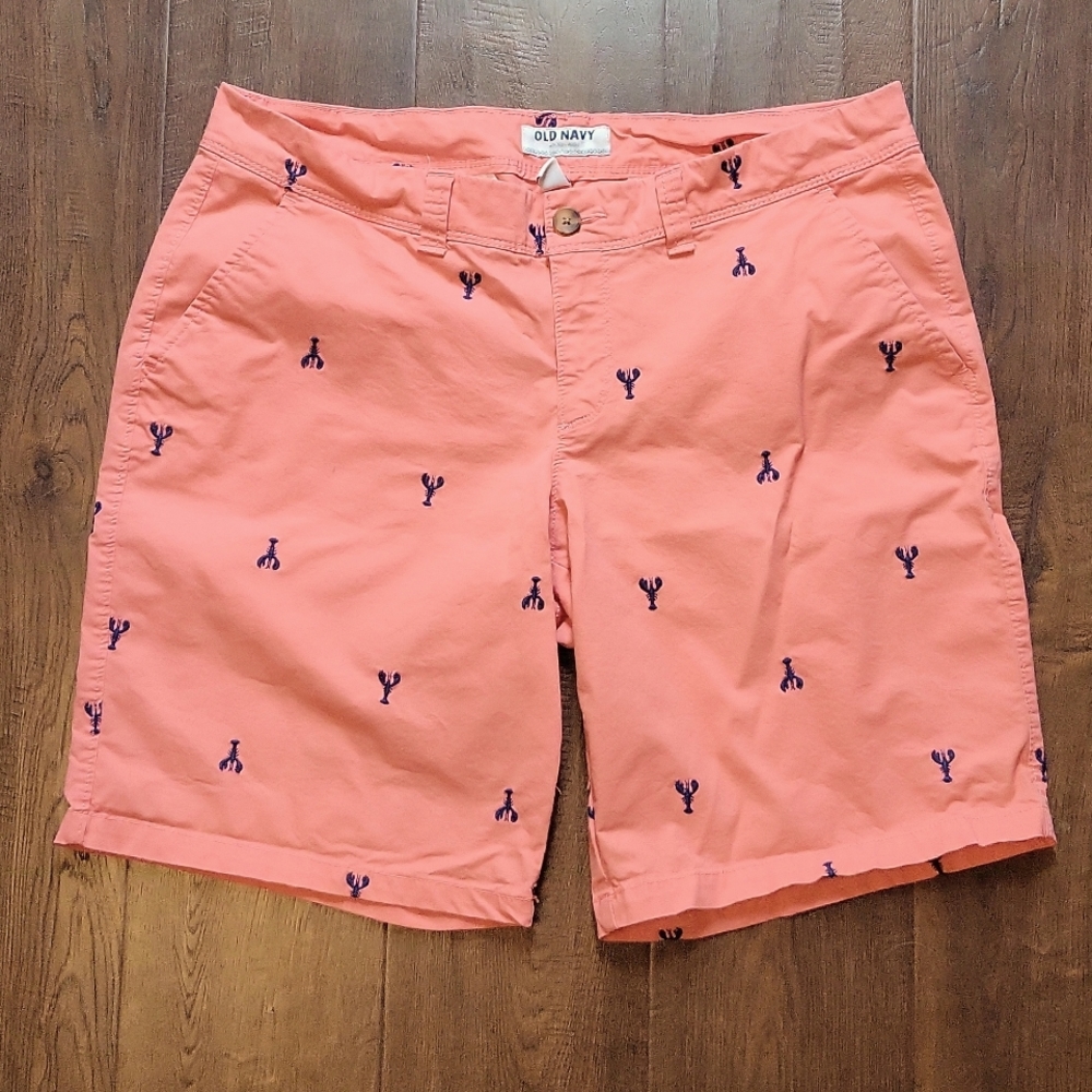 Lobster Embroidered Coral & Navy Chino Shorts